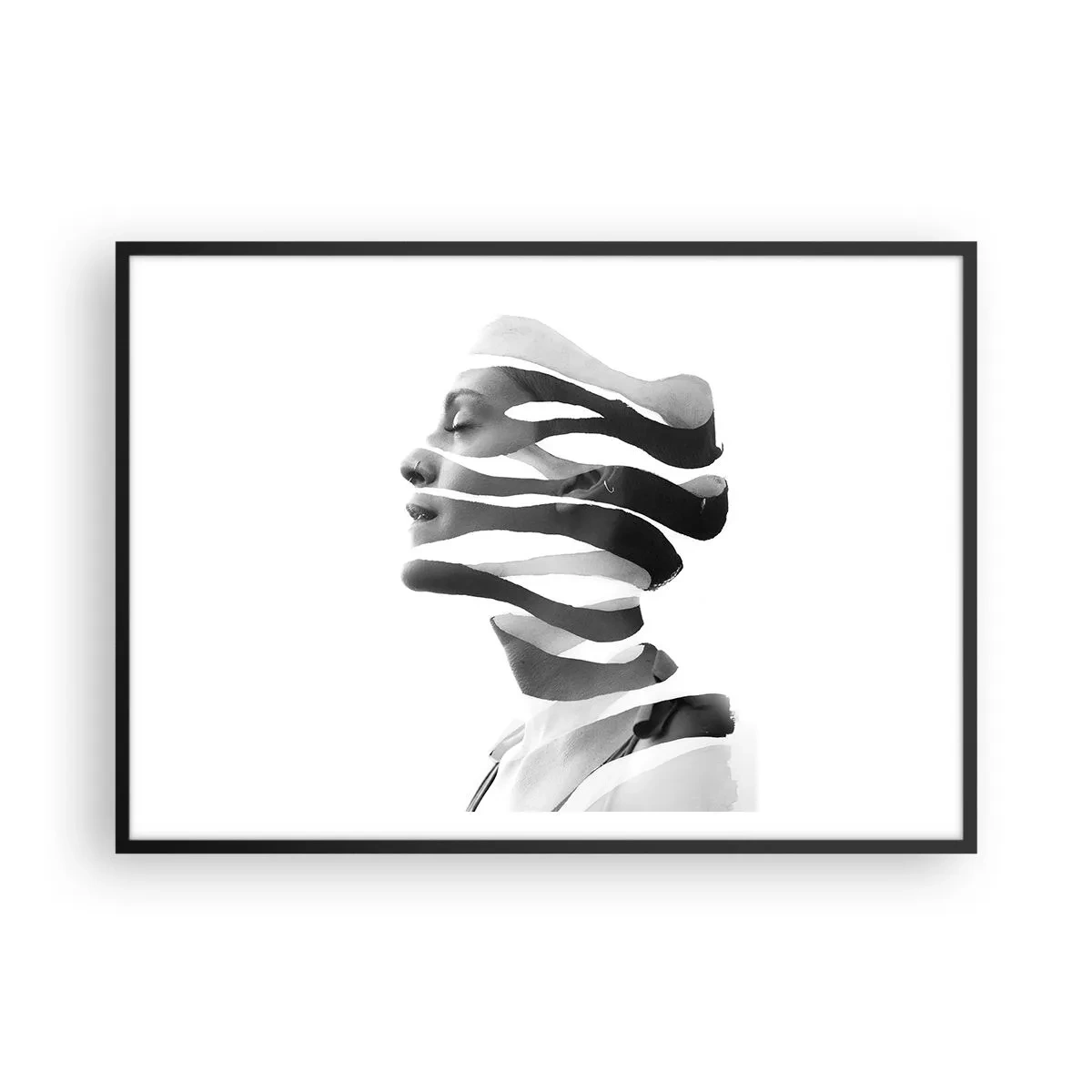 Póster en marco negro - Retrato en blanco y negro de una mujer con un efecto de rayas surrealista. - 100x70cm - Retrato surrealista - Decoración de pared moderna para salón y dormitorio ARTTOR