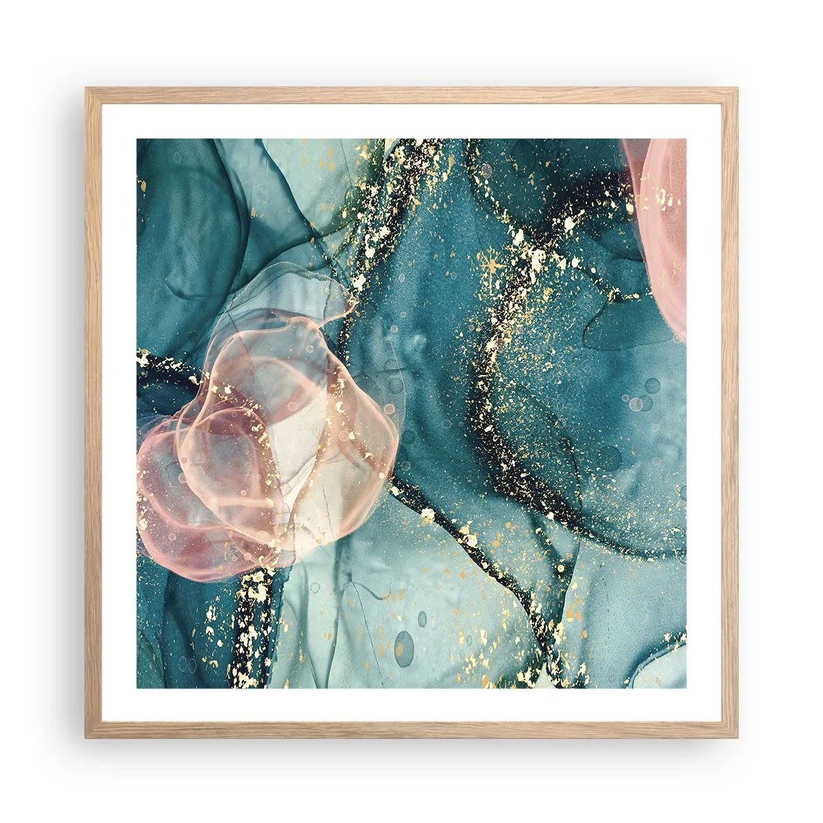 Póster en marco roble claro - Seda azul, tul rosa - 60x60 cm