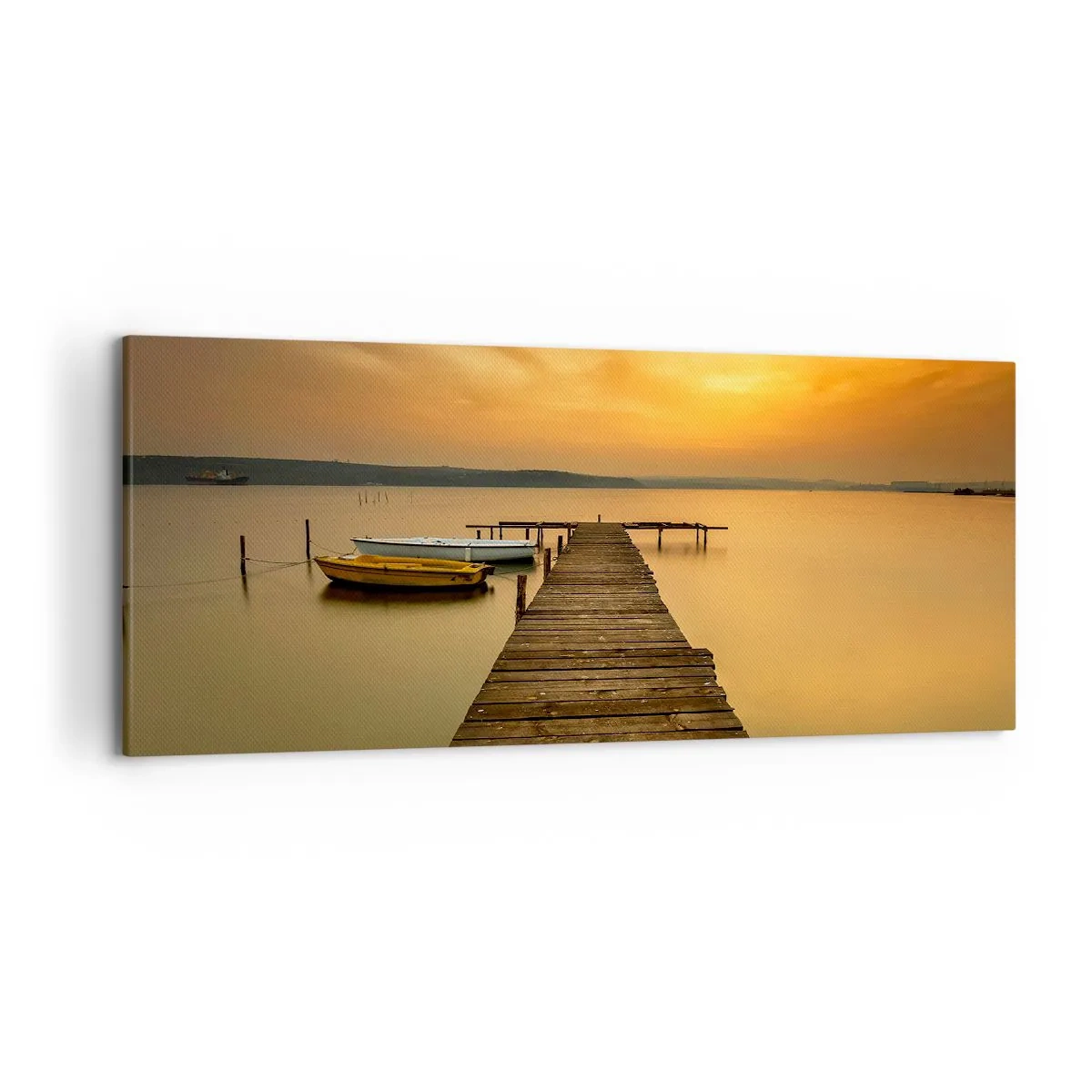 Cuadro sobre lienzo - Impresión de Imagen - Muelle de madera y barcos en el lago al atardecer - 120x50cm - Abriré el cielo dorado para ti - Decoración de pared moderna para salón y dormitorio ARTTOR