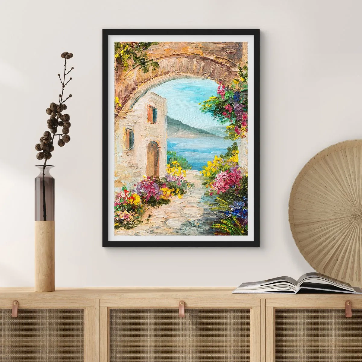 Póster en marco negro - Arco de piedra con vistas al mar - 50x70cm - El encanto del paisaje costero - Decoración de pared moderna para salón y dormitorio ARTTOR