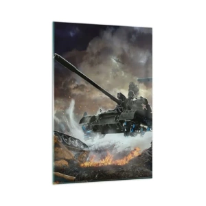 Cuadro sobre vidrio - Impresiones sobre Vidrio - Escena de batalla con tanques y aviones al fondo. - 80x120cm - La batalla es terrible y hermosa - Decoración de pared moderna para salón y dormitorio ARTTOR