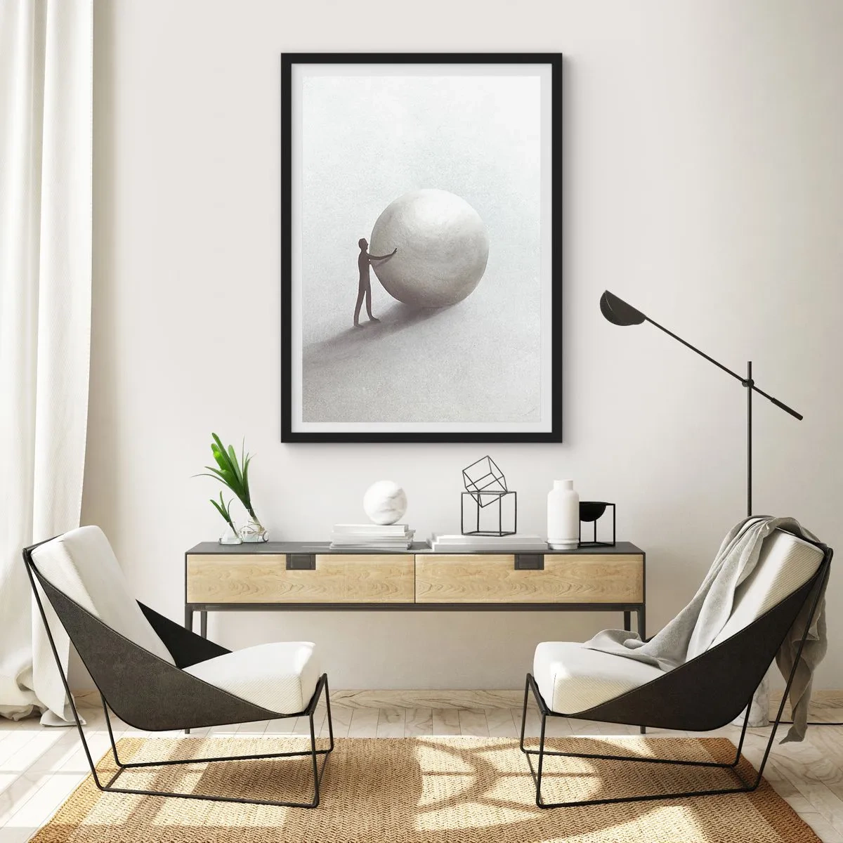 Póster en marco negro - Una figura minimalista con una bola grande sobre un fondo neutro. - 50x70cm - El juego de la vida - Decoración de pared moderna para salón y dormitorio ARTTOR