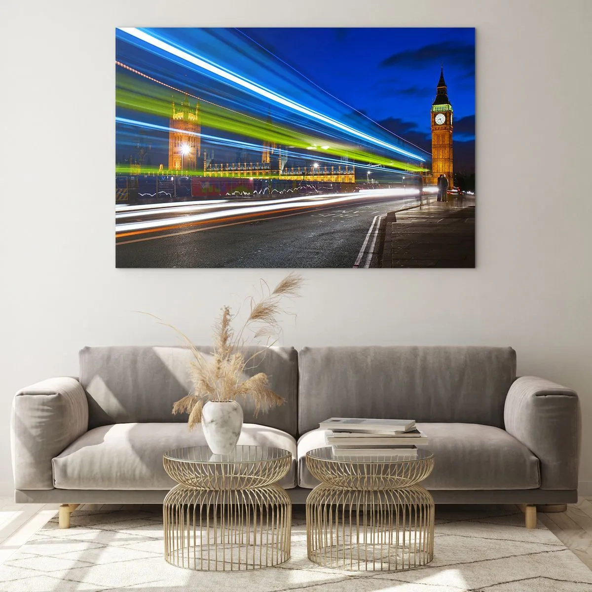 Cuadro sobre vidrio - Impresiones sobre Vidrio - El Big Ben de noche con luces de coche borrosas - 100x70cm - Bajo la mirada del Big Ben - Decoración de pared moderna para salón y dormitorio ARTTOR