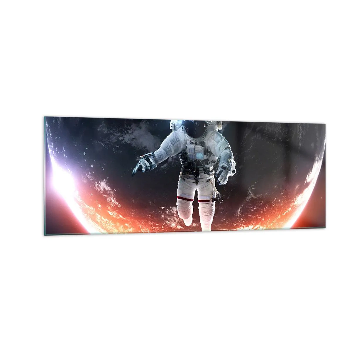 Cuadro sobre vidrio - Impresiones sobre Vidrio - Un astronauta flotando sobre una Tierra iluminada por el sol. - 140x50cm - ¿Puedo quedarme un rato más? - Decoración de pared moderna para salón y dormitorio ARTTOR