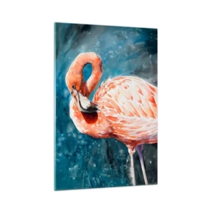 Cuadro sobre vidrio - Impresiones sobre Vidrio - Un flamenco rosa sobre un fondo azul de acuarela. - 70x100cm - Decorativo por naturaleza - Decoración de pared moderna para salón y dormitorio ARTTOR