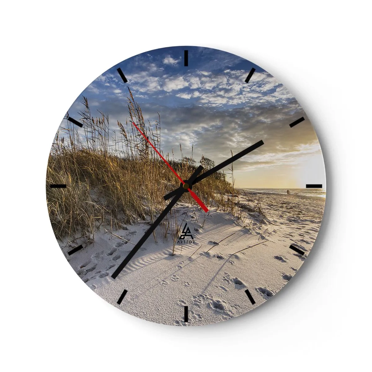 Reloj de pared - Reloj de vidrio - Playa de arena con césped al atardecer - 30x30cm - Invitación a un paseo - Decoración de pared moderna para salón, cocina y dormitorio ARTTOR
