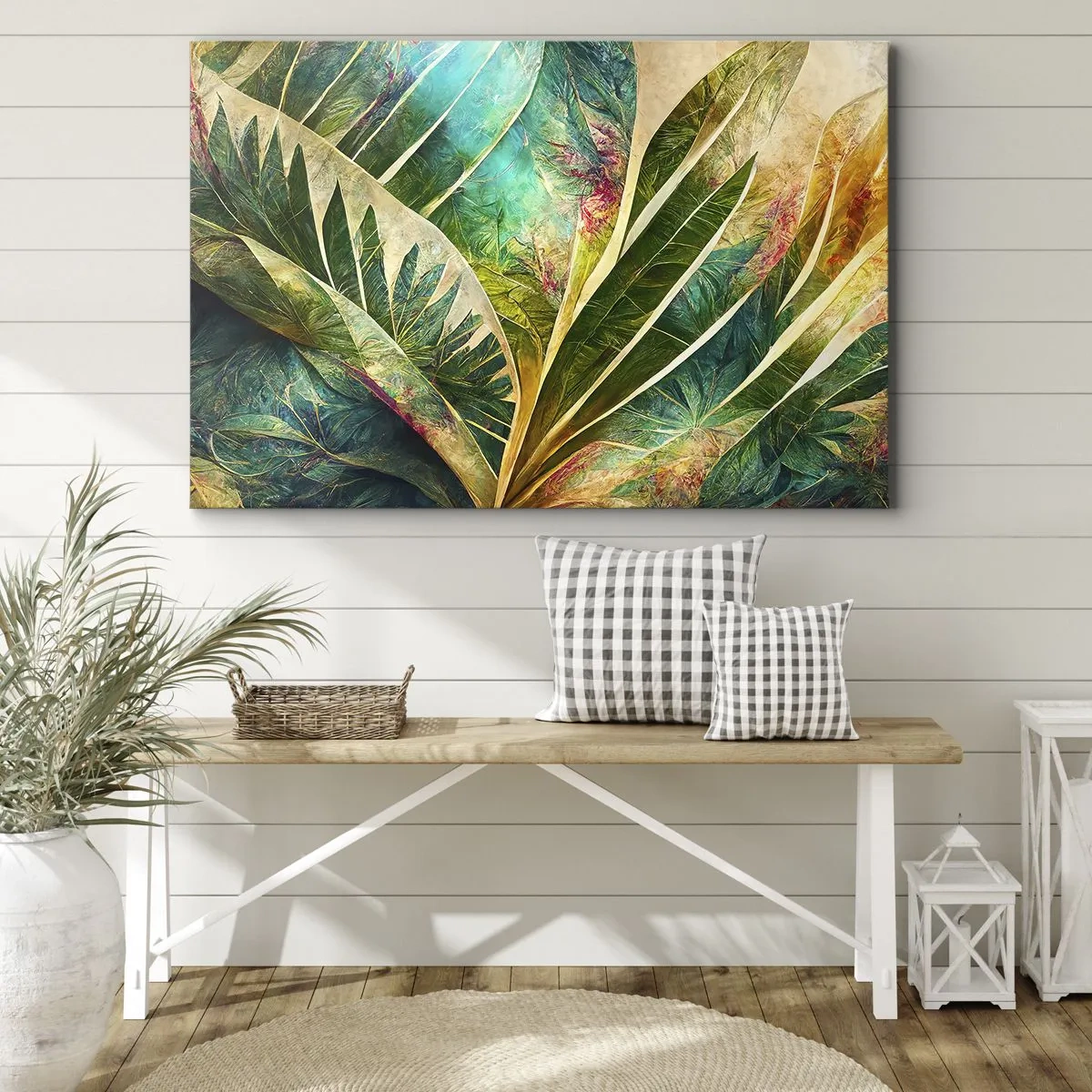 Cuadro sobre lienzo - Impresión de Imagen - Hojas tropicales coloridas sobre un fondo claro - 120x80cm - Los colores del trópico - Decoración de pared moderna para salón y dormitorio ARTTOR