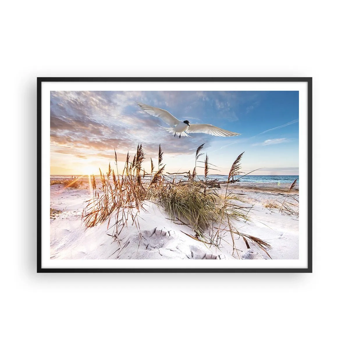 Póster en marco negro - Playa con gaviotas volando al atardecer - 100x70cm - Viento del mar - Decoración de pared moderna para salón y dormitorio ARTTOR