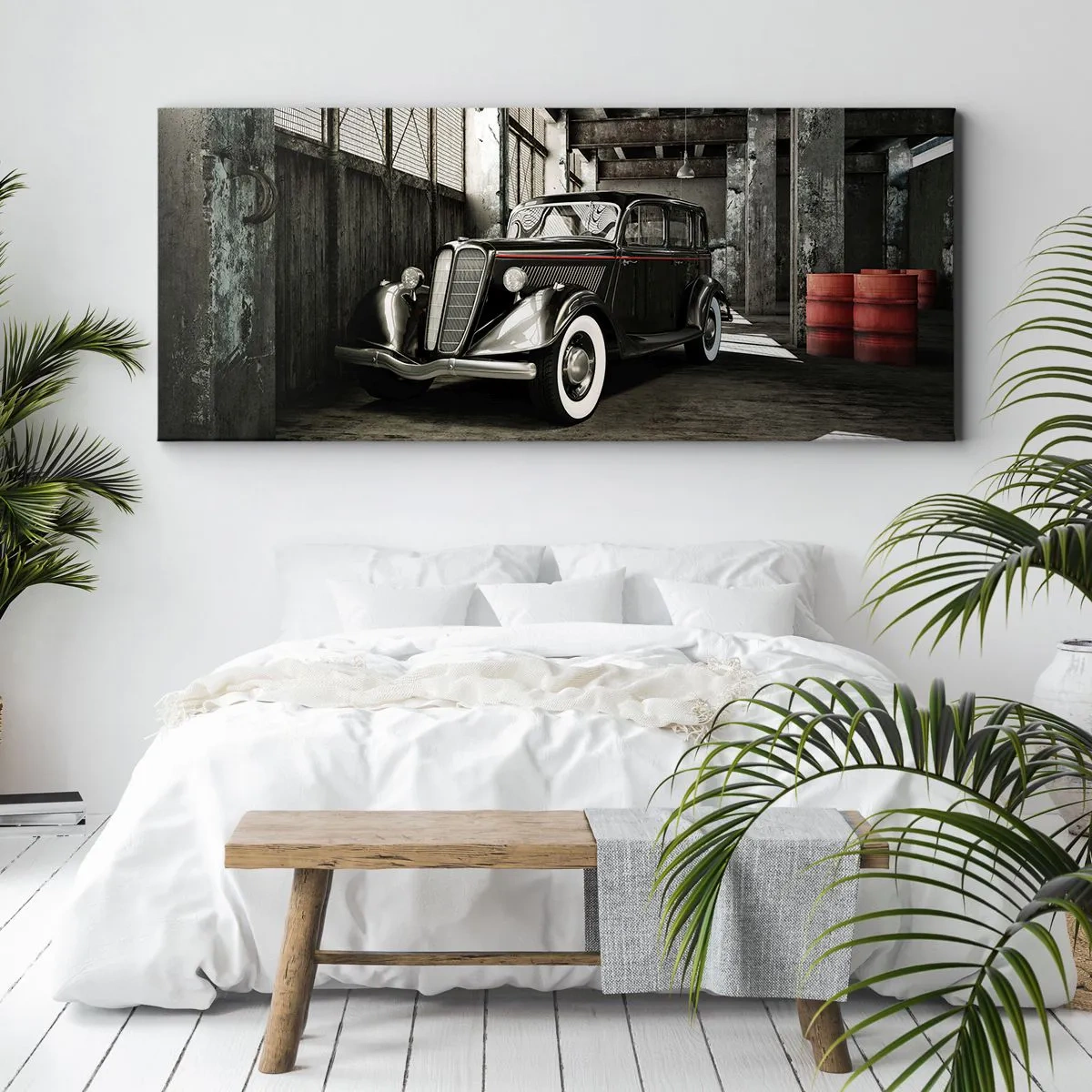 Cuadro sobre lienzo - Impresión de Imagen - Un elegante coche retro en un almacén rústico - 120x50cm - La elegancia perdurable de los años 30. - Decoración de pared moderna para salón y dormitorio ARTTOR