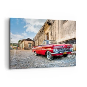 Cuadro sobre lienzo - Impresión de Imagen - Coche clásico rojo en una calle adoquinada - 120x80cm - Emociones cubanas - Decoración de pared moderna para salón y dormitorio ARTTOR