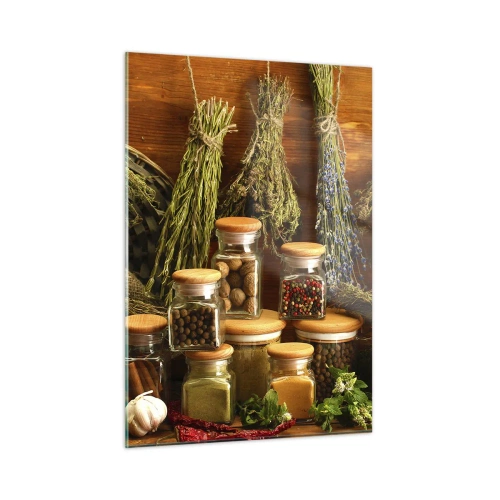 Cuadro sobre vidrio - Impresiones sobre Vidrio - Hierbas y especias en frascos sobre un fondo de madera. - 50x70cm - La magia de la cocina - Decoración de pared moderna para salón y dormitorio ARTTOR