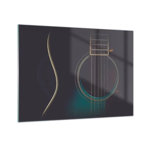 Cuadro sobre vidrio - Impresiones sobre Vidrio - Primer plano de una guitarra acústica negra con detalle de cuerdas. - 70x50cm - Un momento antes de que suene - Decoración de pared moderna para salón y dormitorio ARTTOR
