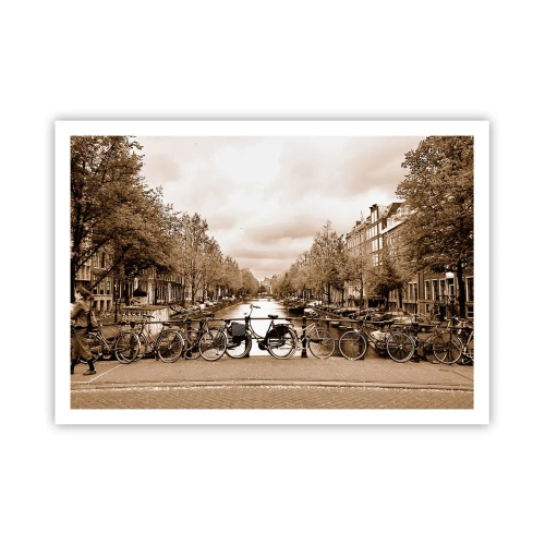Póster - Puente para bicicletas sobre el canal en sepia - 100x70cm - Holanda solo hay una - Decoración de pared moderna para salón y dormitorio ARTTOR