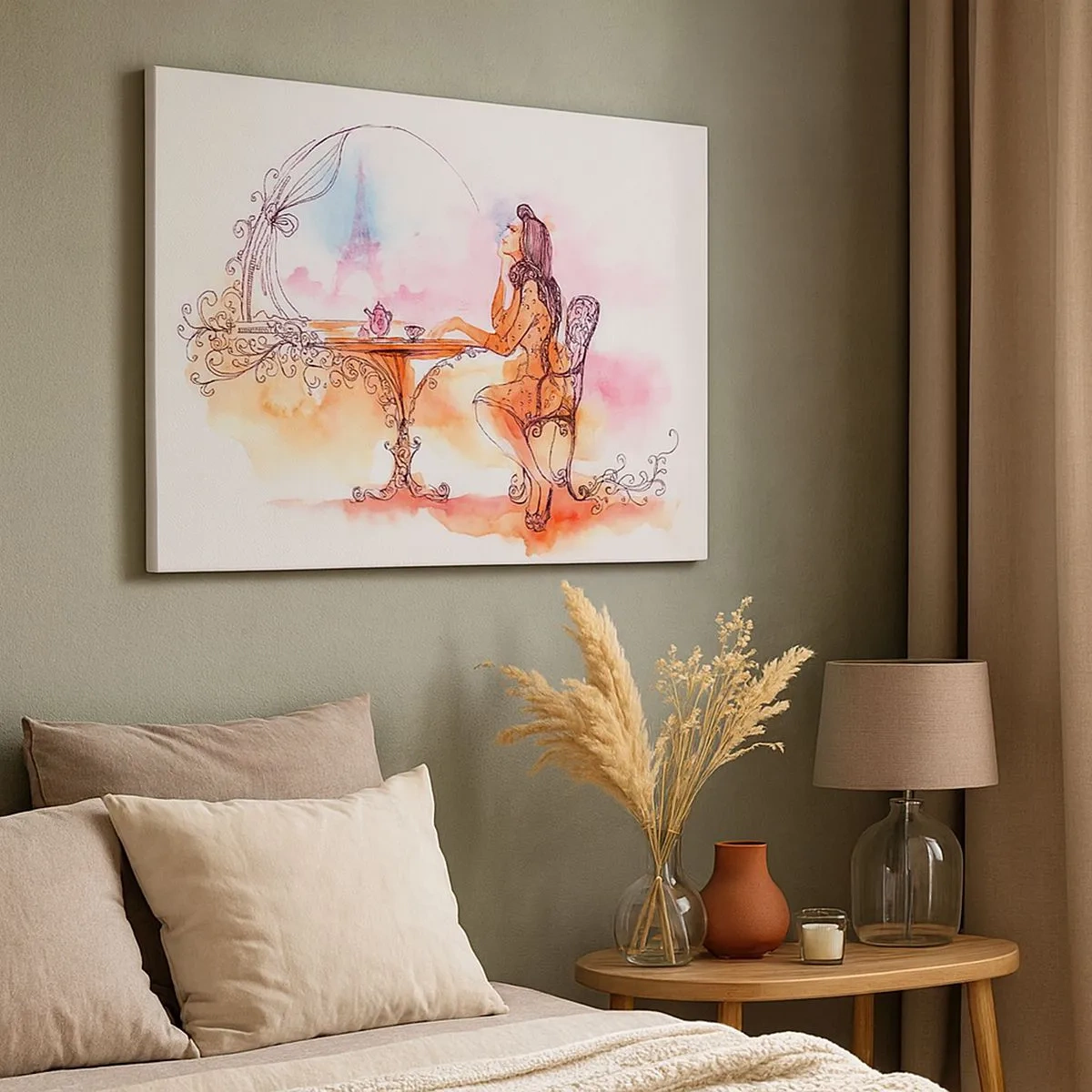 Cuadro sobre lienzo - Impresión de Imagen - Acuarela romántica de una mujer en un café con vistas a una torre. - 70x50cm - Estilo parisino - Decoración de pared moderna para salón y dormitorio ARTTOR