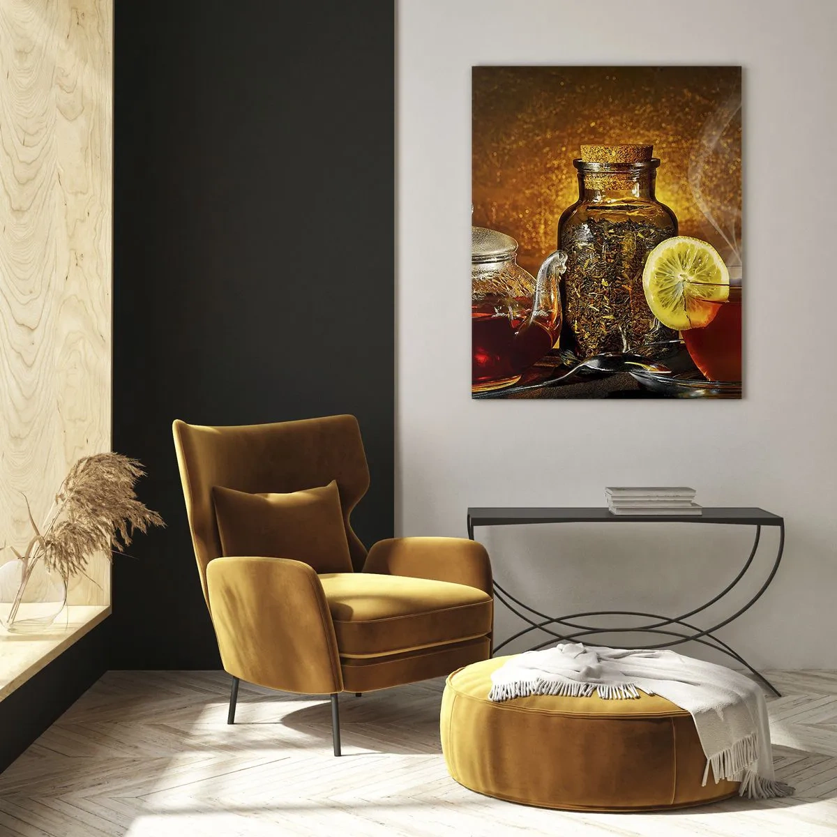 Cuadro sobre vidrio - Impresiones sobre Vidrio - Té en jarra de cristal con limón y té suelto. - 70x100cm - Al estilo de los maestros holandeses - Decoración de pared moderna para salón y dormitorio ARTTOR