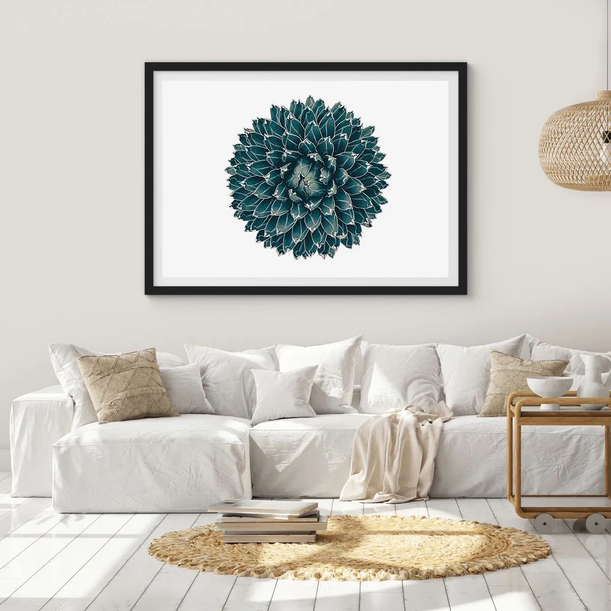Póster en marco negro - Planta suculenta simétrica sobre un fondo blanco. - 70x50cm - Estrella del desierto - Decoración de pared moderna para salón y dormitorio ARTTOR