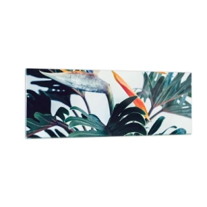 Cuadro sobre vidrio - Impresiones sobre Vidrio - Flor de Strelitzia rodeada de hojas bajo una luz brillante. - 140x50cm - La jaula del pájaro colorido - Decoración de pared moderna para salón y dormitorio ARTTOR