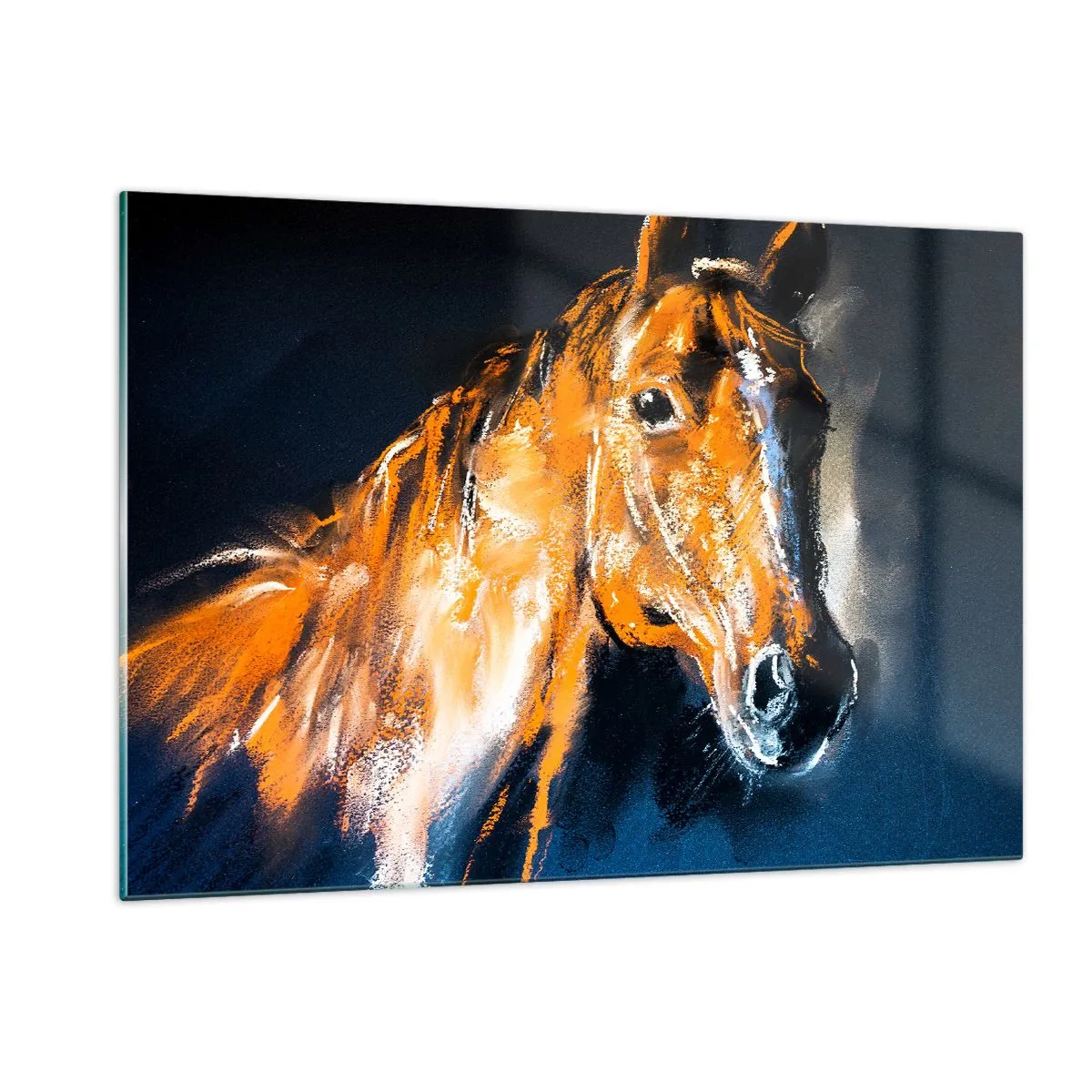 Cuadro sobre vidrio - Impresiones sobre Vidrio - Retrato de un caballo en intensos tonos marrones sobre un fondo oscuro. - 120x80cm - Entonces, ¿vienes? - Decoración de pared moderna para salón y dormitorio ARTTOR