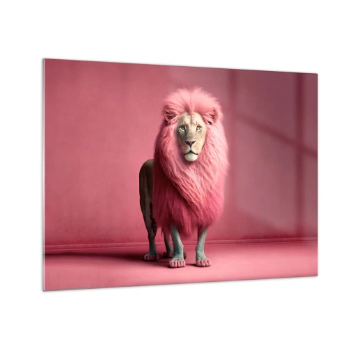 Cuadro sobre vidrio - Impresiones sobre Vidrio - Un león con melena rosa contra una pared de color pastel. - 70x50cm - Y ya no me tienes miedo - Decoración de pared moderna para salón y dormitorio ARTTOR