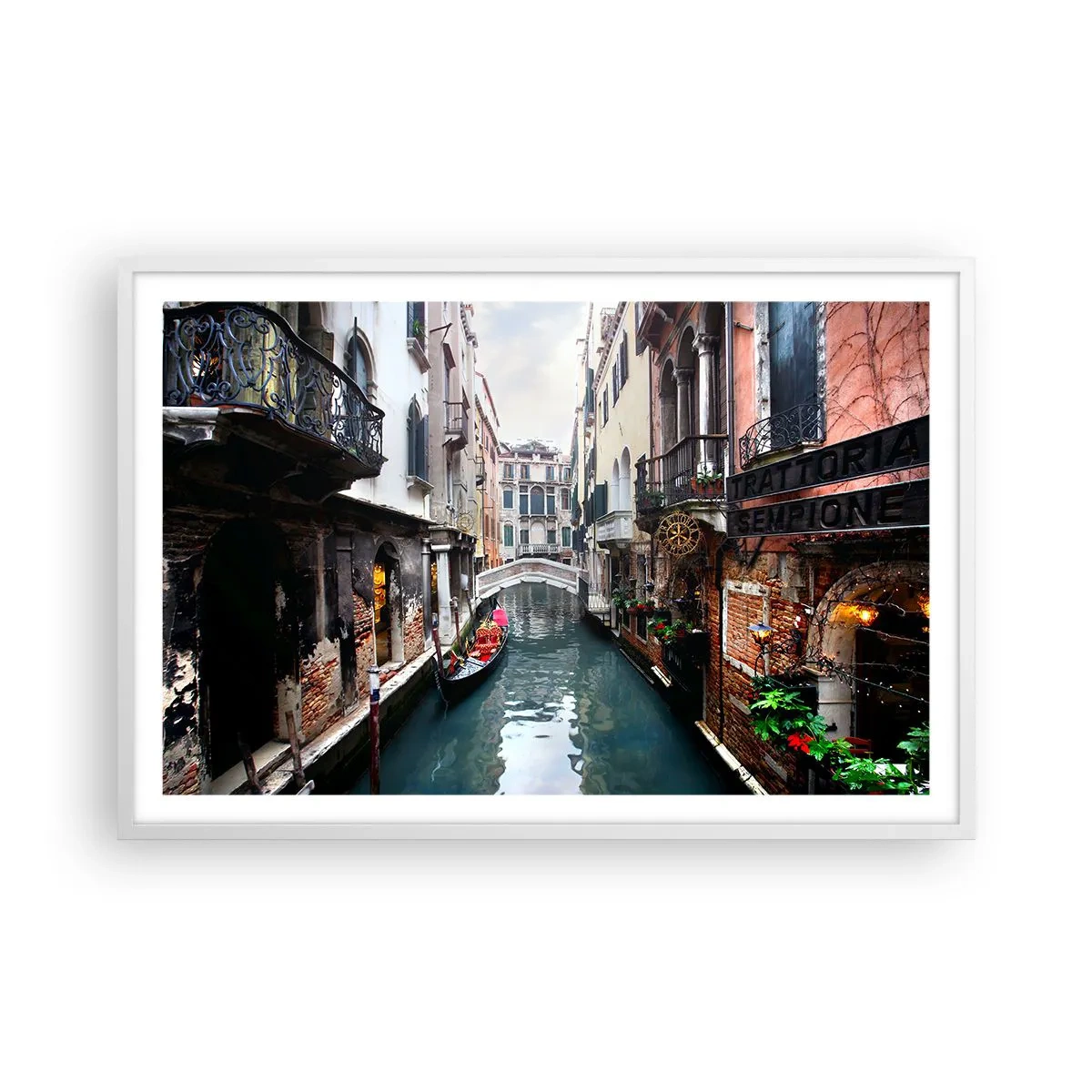 Póster en marco blanco - Paisaje veneciano con góndola y puente - 91x61 cm