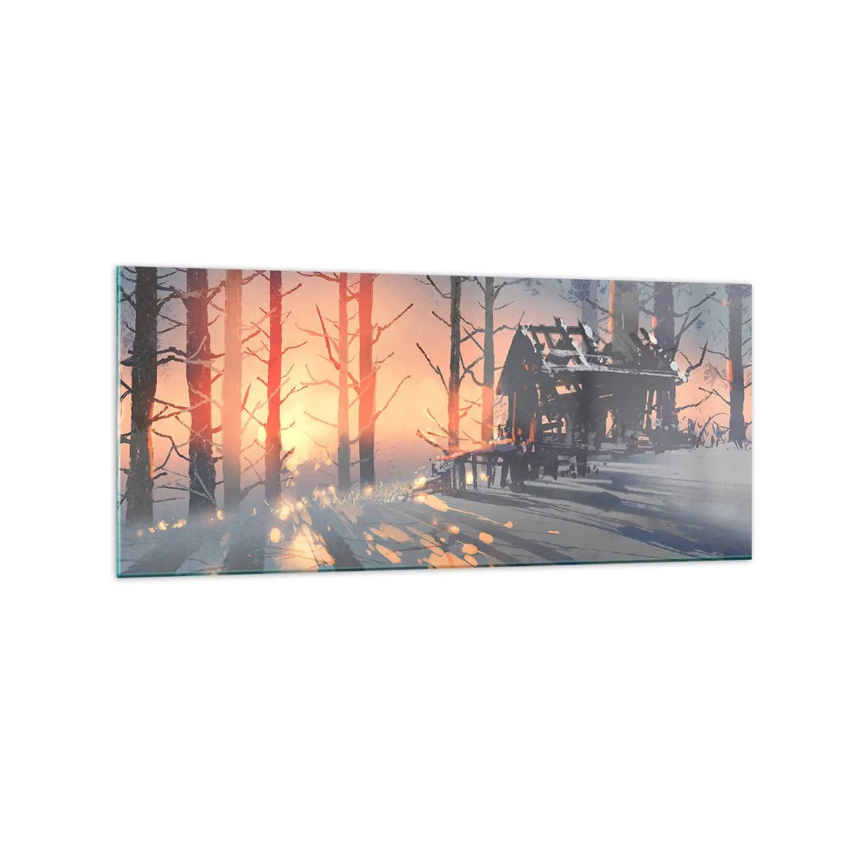 Cuadro sobre vidrio - Impresiones sobre Vidrio - Una cabaña forestal en un paisaje invernal con los rayos del sol poniente. - 120x50cm - Solo el sol es testigo - Decoración de pared moderna para salón y dormitorio ARTTOR