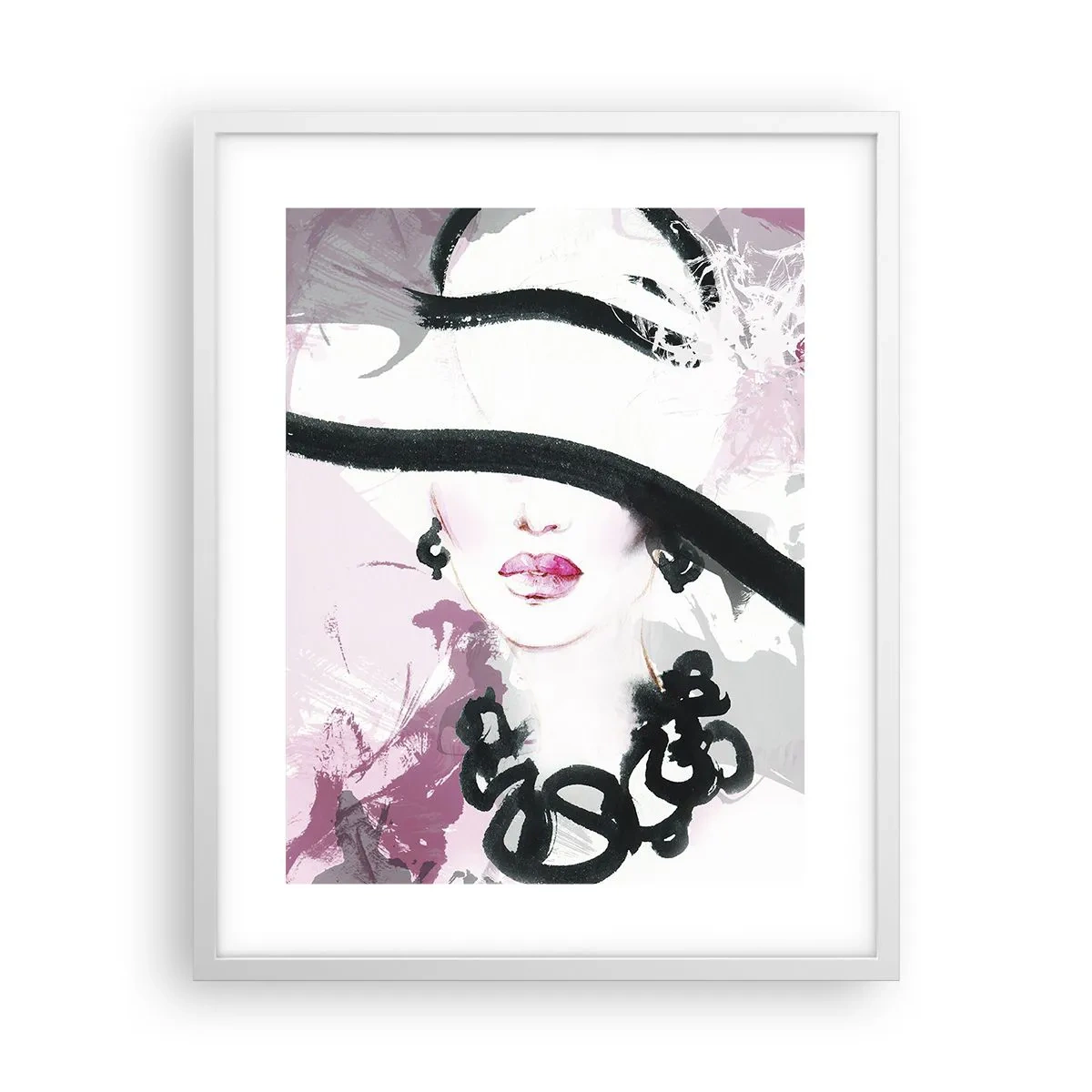 Póster en marco blanco - Retrato de una dama en negro y rosa - 40x50 cm