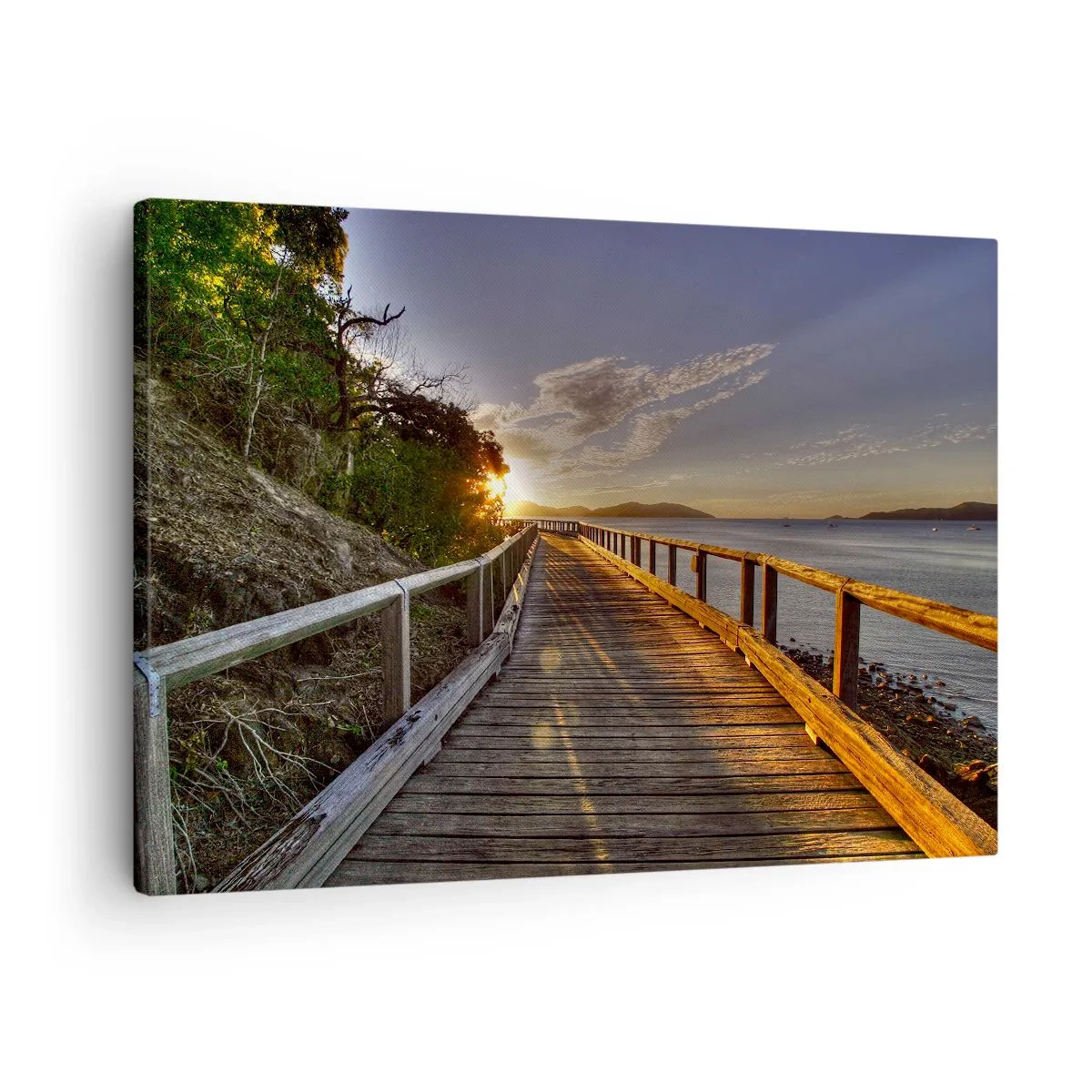 Cuadro sobre lienzo - Impresión de Imagen - Un embarcadero de madera conduce hacia la puesta de sol sobre el agua. - 70x50cm - Camina, sigue caminando hacia el sol - Decoración de pared moderna para salón y dormitorio ARTTOR