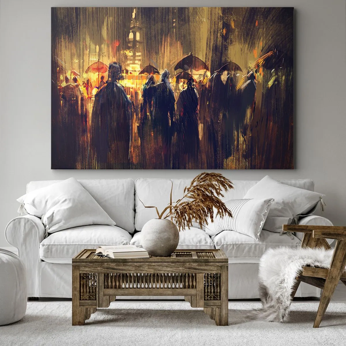 Cuadro sobre lienzo - Impresión de Imagen - Figuras con paraguas en una ciudad lluviosa por la noche - 120x80cm - Seguidores de la lluvia - Decoración de pared moderna para salón y dormitorio ARTTOR
