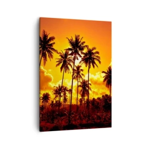 Cuadro sobre lienzo - Impresión de Imagen - Palmeras contra un cielo dorado durante una puesta de sol tropical - 50x70cm - Las montañas arden, los bosques arden - Decoración de pared moderna para salón y dormitorio ARTTOR