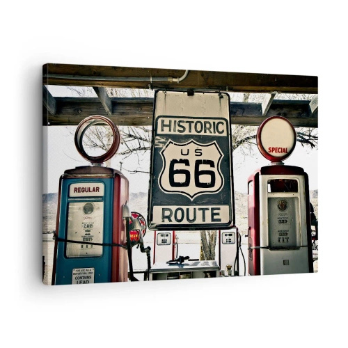Cuadro sobre lienzo - Impresión de Imagen - Gasolinera histórica de la Ruta 66 - 70x50cm - Un viaje retro americano - Decoración de pared moderna para salón y dormitorio ARTTOR