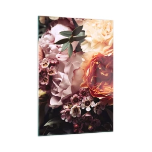 Cuadro sobre vidrio - Impresiones sobre Vidrio - Un primer plano de una composición de rosas, claveles y pequeñas flores. - 50x70cm - Belleza envolvente - Decoración de pared moderna para salón y dormitorio ARTTOR