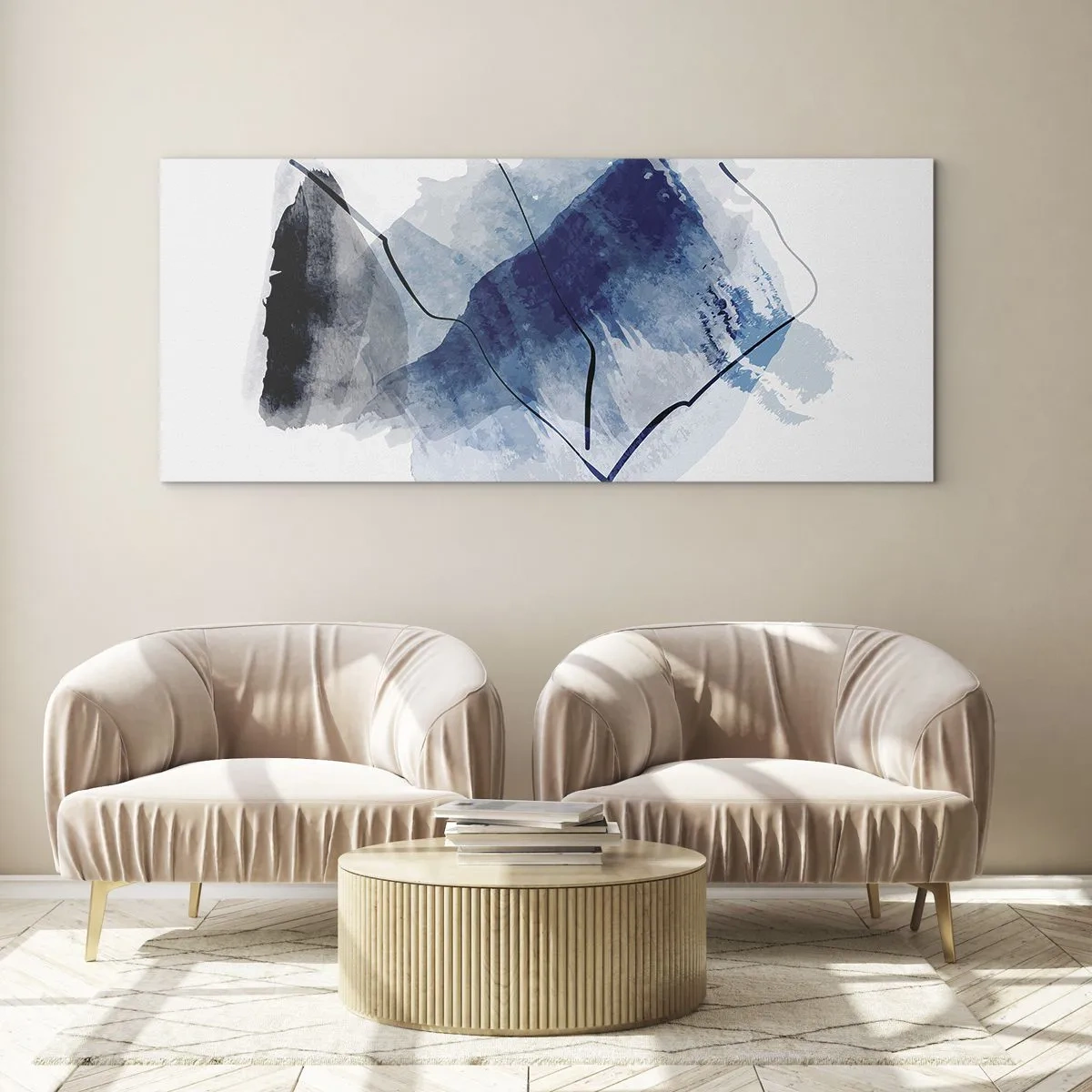 Cuadro sobre vidrio - Impresiones sobre Vidrio - Formas abstractas en tonos azules con líneas delicadas. - 160x50cm - Montaña helada - Decoración de pared moderna para salón y dormitorio ARTTOR