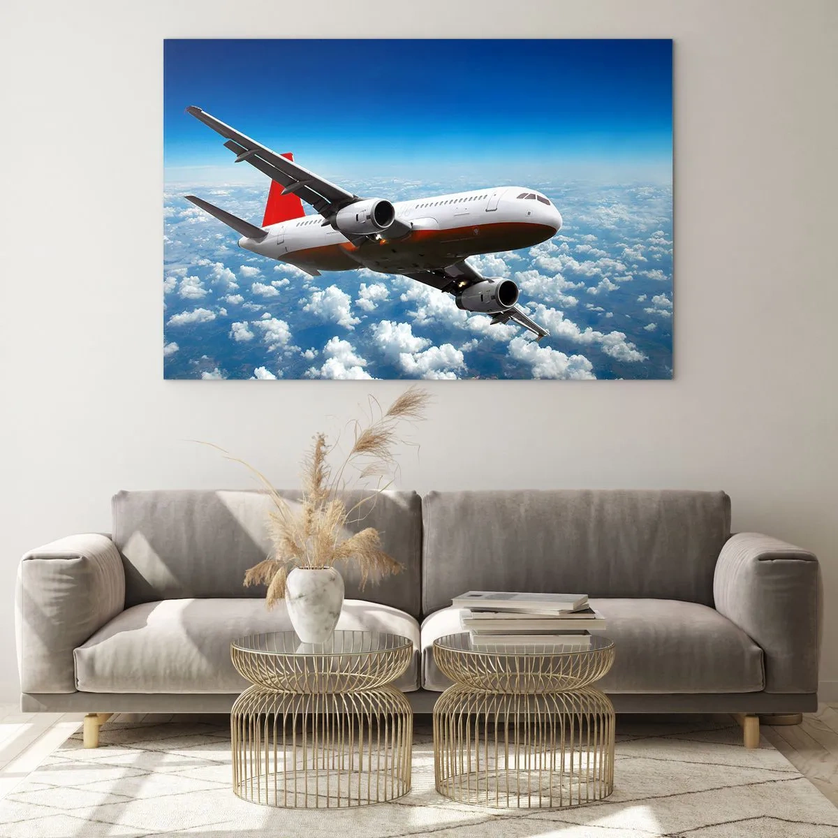Cuadro sobre vidrio - Impresiones sobre Vidrio - Un avión de pasajeros volando sobre las nubes contra un cielo azul. - 120x80cm - Aléjese de todo - Decoración de pared moderna para salón y dormitorio ARTTOR