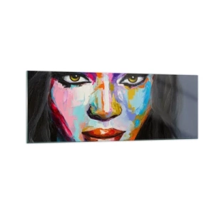 Cuadro sobre vidrio - Impresiones sobre Vidrio - Un retrato colorido de una mujer con una mirada intensa. - 140x50cm - Mirada penetrante - Decoración de pared moderna para salón y dormitorio ARTTOR