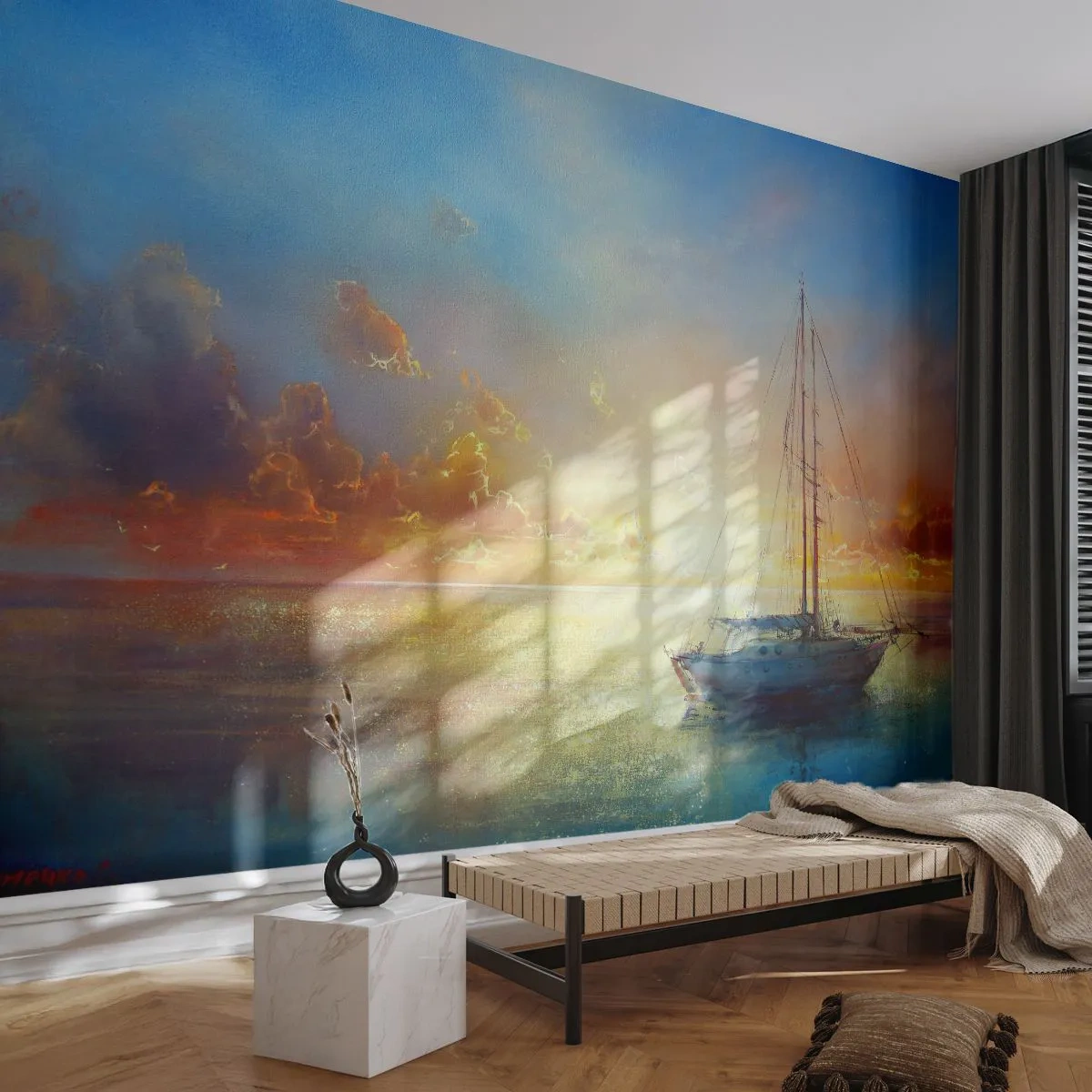 Fotomural Standard Eco - En una bahía dorada - Velero, Paisaje, Mar - 400x280 cm