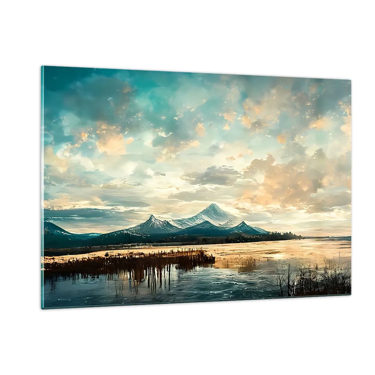 Cuadro sobre vidrio - Impresiones sobre Vidrio - Paisaje invernal con montañas y un lago congelado. - 120x80cm - Bajo la protección del cielo - Decoración de pared moderna para salón y dormitorio ARTTOR