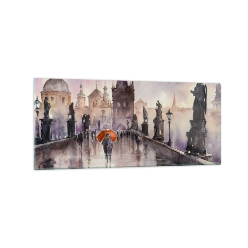 Cuadro sobre vidrio - Impresiones sobre Vidrio - Vista romántica de un puente con un paraguas con el telón de fondo de una ciudad al atardecer. - 120x50cm - La gente no cambia - Decoración de pared moderna para salón y dormitorio ARTTOR