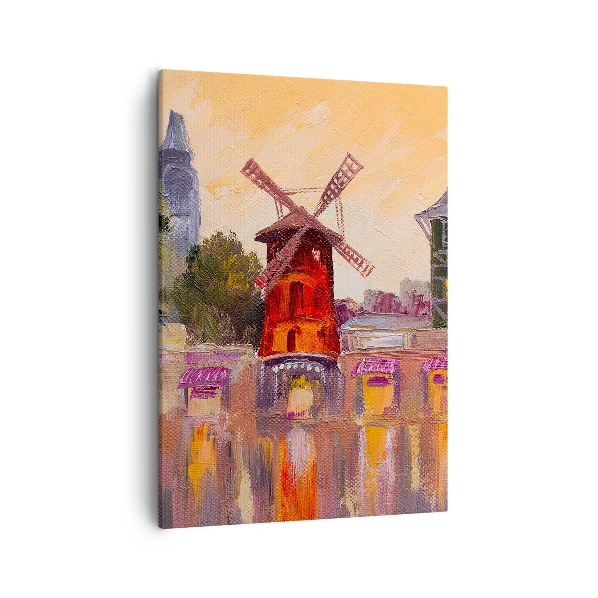 Cuadro sobre lienzo - Impresión de Imagen - El molino de viento rojo del Moulin Rouge rodeado del paisaje urbano - 50x70cm - Iconos parisinos - Moulin Rouge - Decoración de pared moderna para salón y dormitorio ARTTOR