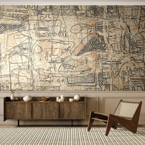 Fotomural Premium Sand - Un patrón abstracto compuesto de líneas, signos y manchas beige. - 100x70cm - A la espera de ser descifrado - Decoración de pared moderna para salón y dormitorio ARTTOR