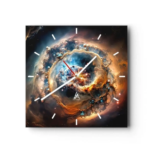Reloj de pared - Reloj de vidrio - Una visión abstracta de una explosión cósmica en tonos dorados y azules. - 30x30cm - El inicio de todo - Decoración de pared moderna para salón y dormitorio ARTTOR
