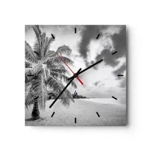 Reloj de pared - Reloj de vidrio - Palmera en blanco y negro en una playa vacía con nubes - 30x30cm - Anhelo de soledad.... - Decoración de pared moderna para salón y dormitorio ARTTOR