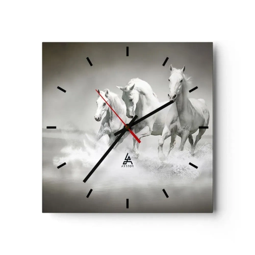 Reloj de pared - Reloj de vidrio - Tres caballos blancos galopando por el agua - 30x30cm - Locura blanca - Decoración de pared moderna para salón y dormitorio ARTTOR