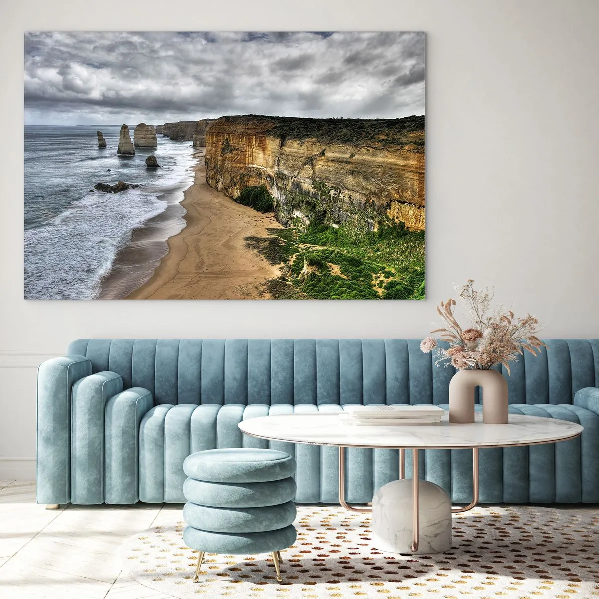 Cuadro sobre vidrio - Impresiones sobre Vidrio - Acantilados con vistas al océano y la playa bajo un cielo nublado - 70x50cm - Belleza en bruto - Decoración de pared moderna para salón y dormitorio ARTTOR