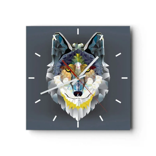 Reloj de pared - Reloj de vidrio - Imagen geométrica de un lobo sobre un fondo gris. - 30x30cm - Habla del lobo si lo ves - Decoración de pared moderna para salón y dormitorio ARTTOR