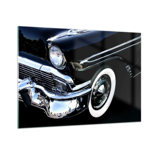 Cuadro sobre vidrio - Impresiones sobre Vidrio - Primer plano de un coche negro antiguo con detalles cromados. - 100x70cm - Clásicos en plata, negro y blanco - Decoración de pared moderna para salón y dormitorio ARTTOR