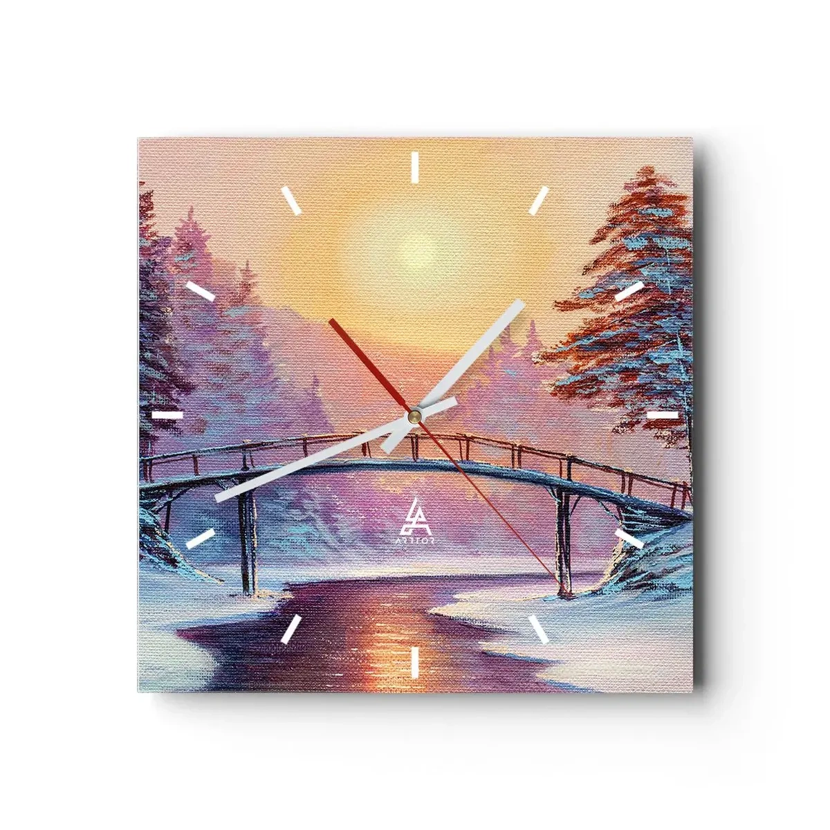 Reloj de pared - Reloj de vidrio - Paisaje invernal con un puente iluminado por el atardecer. - 30x30cm - Las cuatro estaciones: el invierno - Decoración de pared moderna para salón y dormitorio ARTTOR