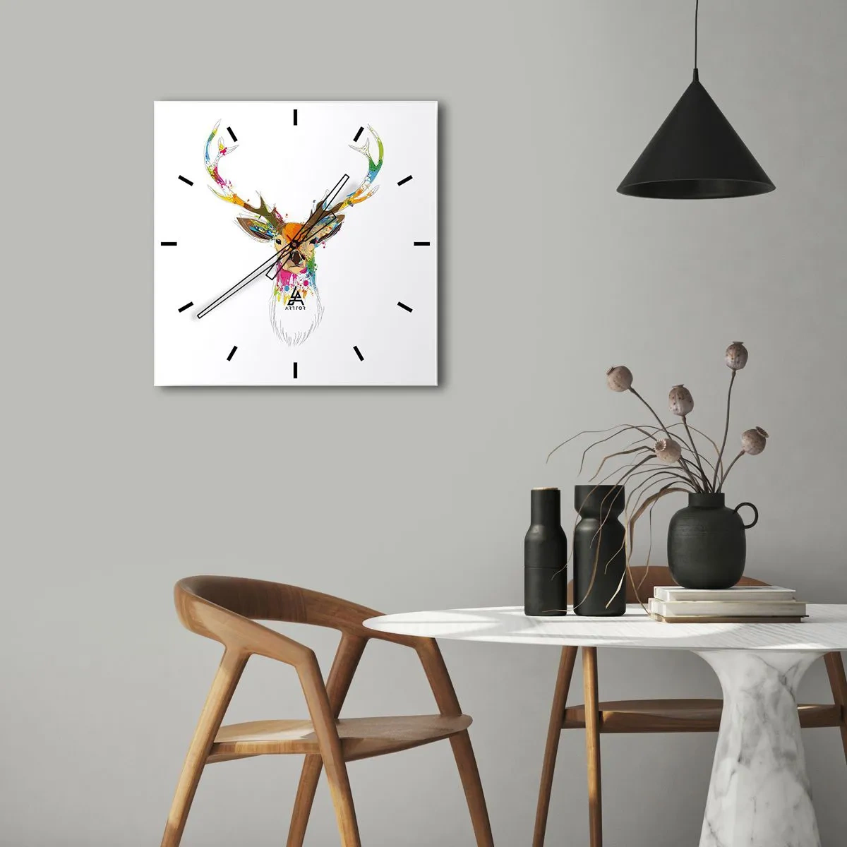 Reloj de pared - Reloj de vidrio - Cabeza de ciervo colorida en estilo artístico. - 30x30cm - Un suave ciervo bañado en color - Decoración de pared moderna para salón y dormitorio ARTTOR