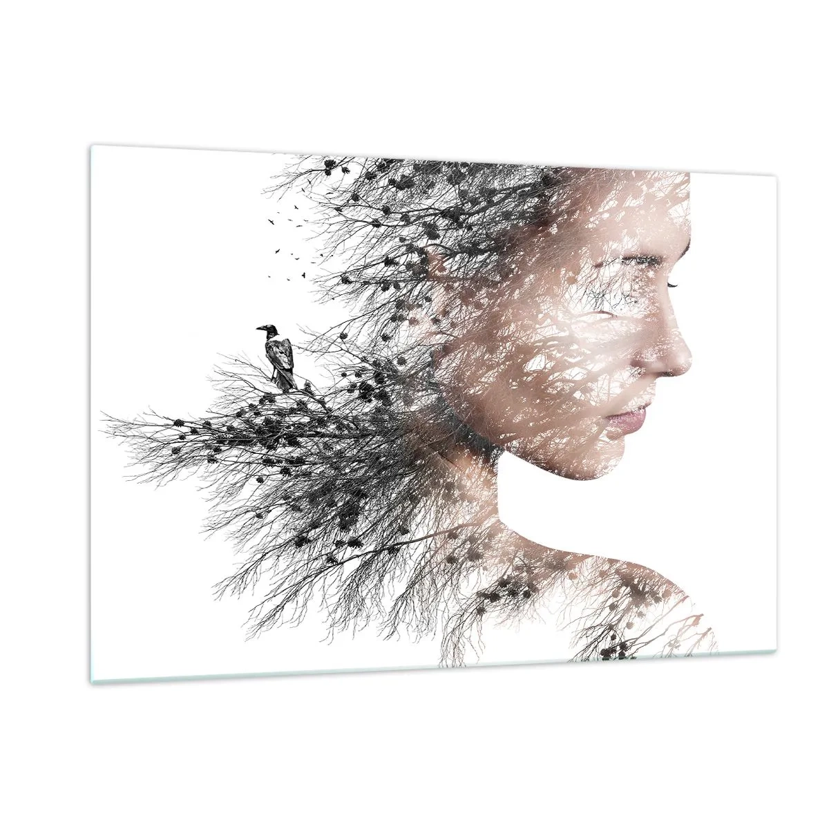 Cuadro sobre vidrio - Impresiones sobre Vidrio - Retrato de una mujer con ramas al fondo - 120x80cm - Espíritu del bosque - Decoración de pared moderna para salón y dormitorio ARTTOR