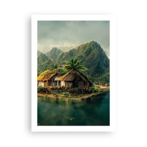 Póster - Cabaña tropical con montañas y un lago al fondo. - 50x70cm - Paraíso tropical - Decoración de pared moderna para salón y dormitorio ARTTOR