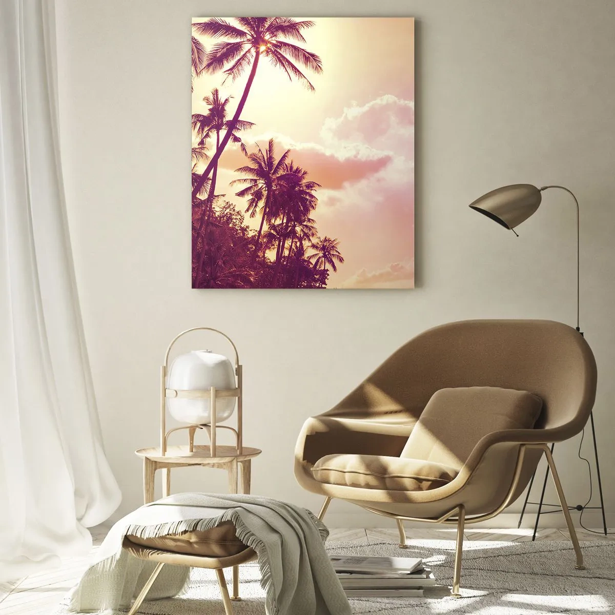 Cuadro sobre vidrio - Impresiones sobre Vidrio - Palmeras tropicales a la luz del sol poniente contra un cielo rosado - 50x70cm - Debes elegir - Decoración de pared moderna para salón y dormitorio ARTTOR